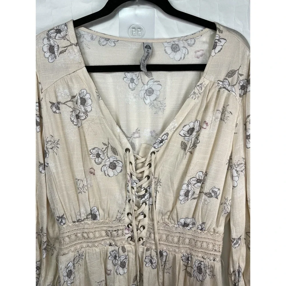 American Rag Cie Long Sleeve Lace Up Bodice Floral Dress in Cream Sz XL - Picture 2 of 11